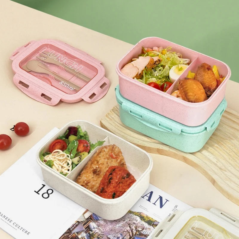 850ml Divided Lunch Box Portable Large Capacity Microwae Bento Box with Fork and Spoon Food Storage Container for School Camping.