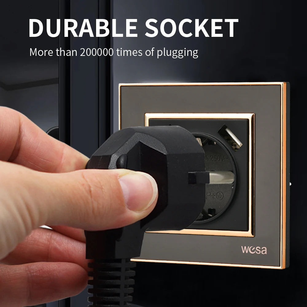 WESA Schwarze Spiegel-Acryl-Steckdose mit 2 USB-Steckdosen nach EU-Standard, Standard-Erdungsstecker, Steckdose, flammhemmend.