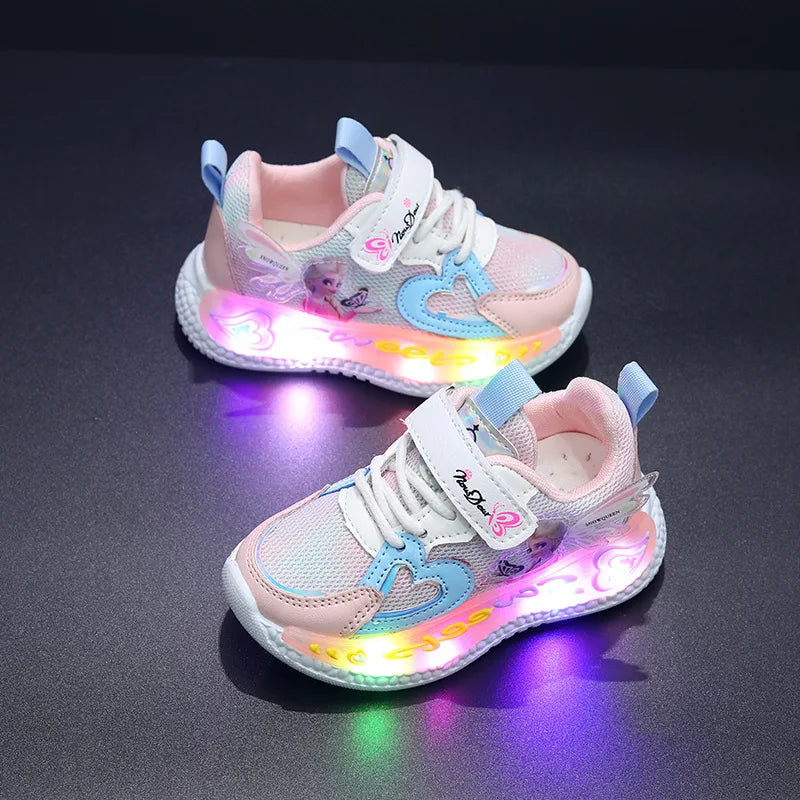 Disney Children Led Shoes Kids Girls Sneakers Frozen Elsa Princess Lighting Shoes Pink Purple Casual Sports Shoes Size 21-31.