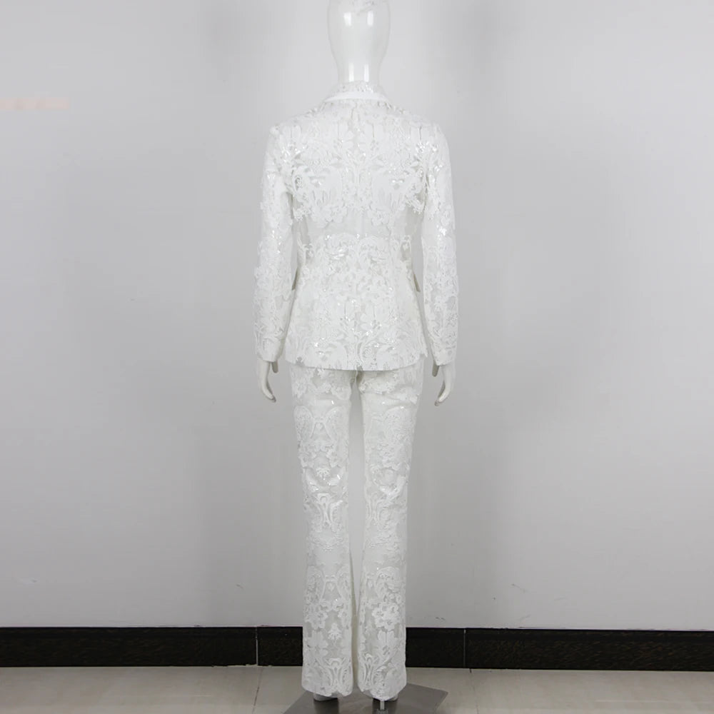 VC Pant Sets Women Fashion Sexy Hollow Out Tight Long Sleeves Blazer And Trousers Suit Mesh Outfits.