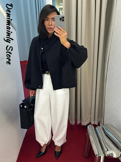 Straße Solide Zipper Dünne Jacke Frauen Stehen Kragen Volle Hülse Kordelzug Straße Jacken 2025, Herbst Dame Casual Outwears Neue.