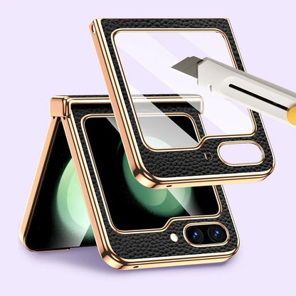 Cowhide Leather Phone Case for Samsung Galaxy Z Flip7 Flip6 Flip5 Flip 7 6 5 Luxury Hinge Protection Cover with Tempered Glass.