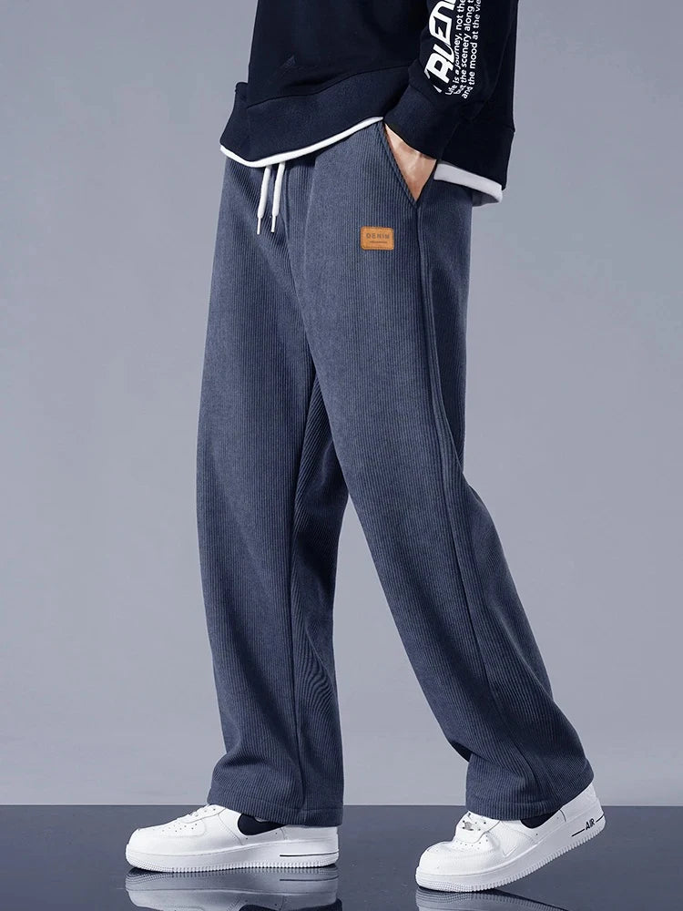 Winter Thick Warm Corduroy Sweatpants Men Fleece Liner Drawstring Straight Loose Track Pants Male Casual Fleece Thermal Trousers.