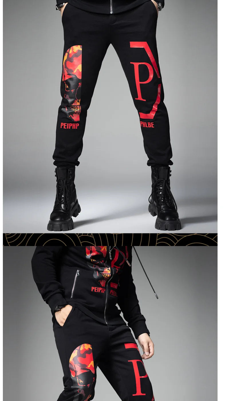 2024 Mens Two Piece Sets Fashion Streetwear Casual Winter Suits Skull Pattern Hooded Black Tracksuit Men Clothes Ropa De Hombre.