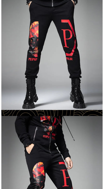 2024 Mens Two Piece Sets Fashion Streetwear Casual Winter Suits Skull Pattern Hooded Black Tracksuit Men Clothes Ropa De Hombre.