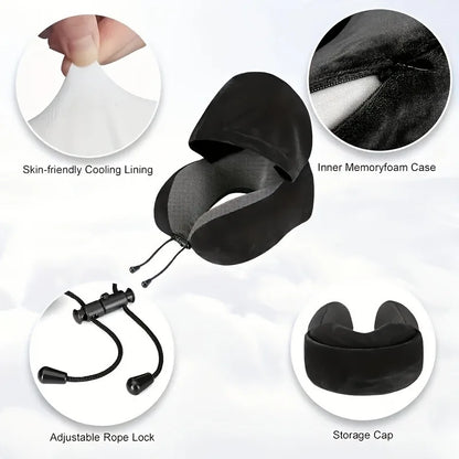 Memory Foam Hooded U-Shaped Travel Pillow with Detachable Cover Portable Neck Support for Airplane Office Nap Car and Home Use.