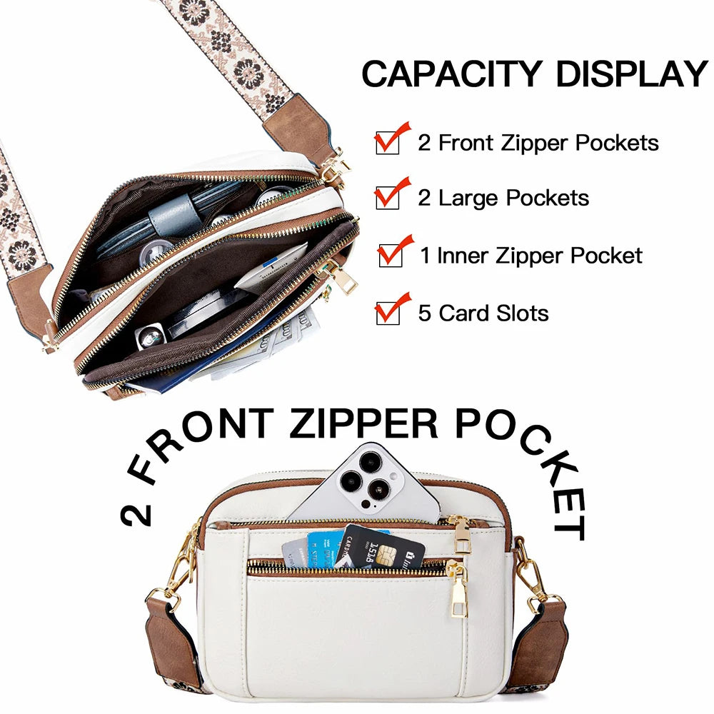 Stylish Wide Strap Shoulder Bag Women's Multiple Pockets Faux Leather Crossbody Bags Adjustable Strap  Travel Handbag Purse.
