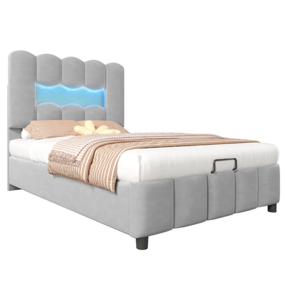 Modernes Polsterbett, 90 x 200 cm, ohne Matratze, LED-Beleuchtung, mit hydraulischem Gerät, verstellbarer Kopfteil, Samt, Grau