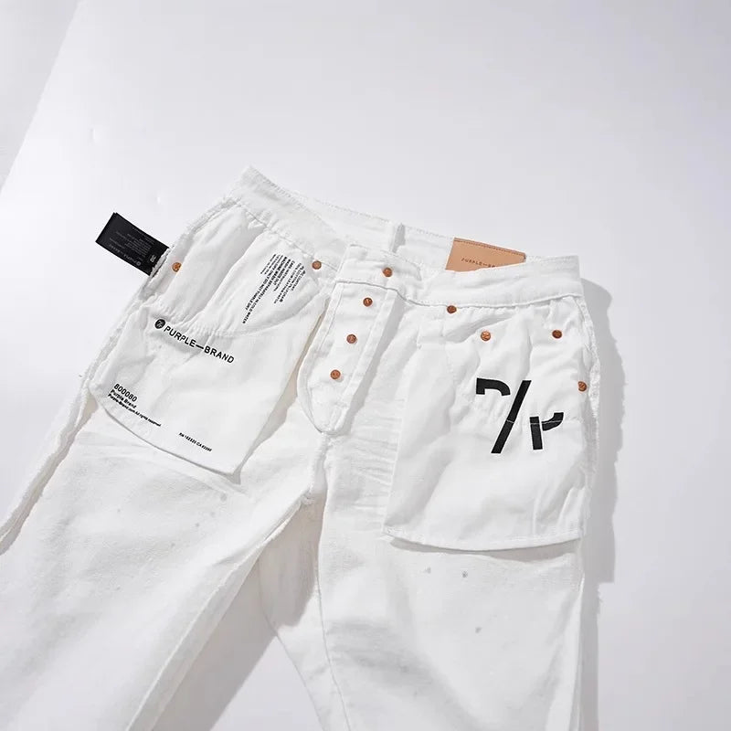 Purple Brand Men's Casual Straight Leg Jeans Distressed Dye Spill Hole American Street Style High Street Long Pants.