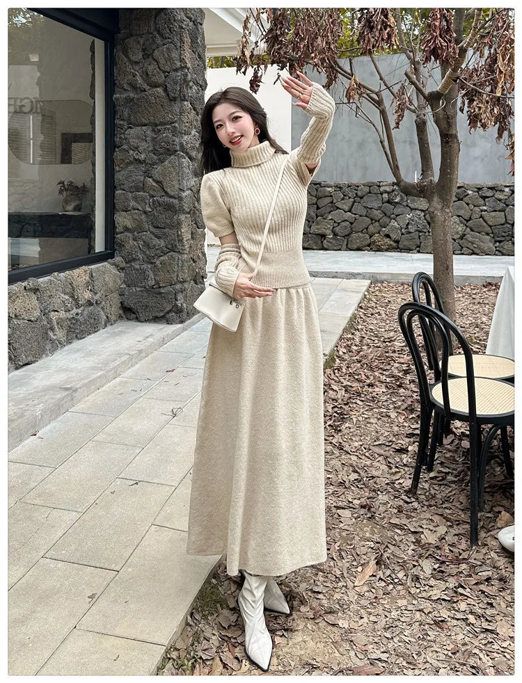 VigoAnne Spring Autumn 2025 Turtleneck Knit Woman 2 Piece Set Casual Solid High Waist Skirts Suits Korean Lady Long Dress Suit.