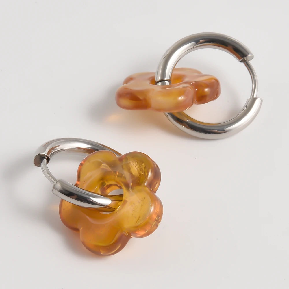 Colorful Flower Glass Drop Charms Earring Gold Color Circle Ear Buckle Hoops Stainless Steel Earrings Fashion Jewelry for Women