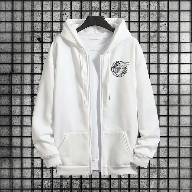 Viking Raven Print Mens Casual Tracksuit Set 2025 New 2 Pieces Zipper Hoodie with Pants Urban Streetwear Outfit Autumn Winter.
