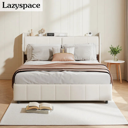 Lazyspace 140 x 200 cm Doppelbett mit 4 Schubladen, weiß gepolstertes Bett, Kopfteil mit Stauraum, USB, PU-Leder, keine Matratze