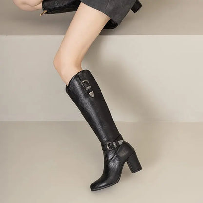 Girseaby British Style Women Knee High Boots Round Toe Block Heel 7.5cm Zipper Plus Size 51 52 Fashion Riding Bota.