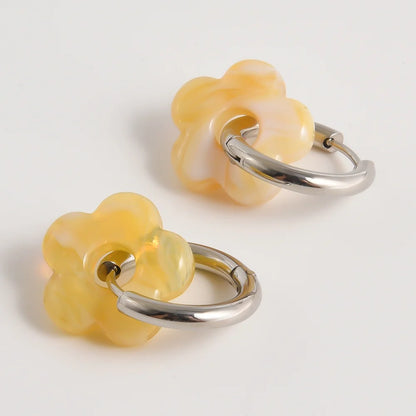 Colorful Flower Glass Drop Charms Earring Gold Color Circle Ear Buckle Hoops Stainless Steel Earrings Fashion Jewelry for Women.