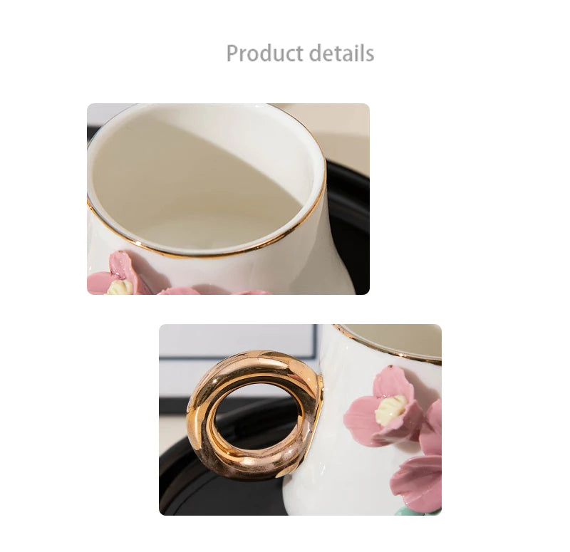 120ml Ceramic Coffee Cup Saucer Set Hand Pinched Flowers with Hand and Dish Milk Tea Porcelain Drinkware Tableware Gift.