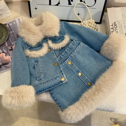 Children's Sets Girls' Fleece-Lined Denim Set Korean Winter Jacket & Skirt 2-Piece Thickened Outfit for Toddlers.