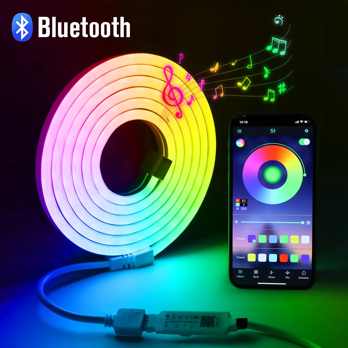 1M 2M 3M 5M RGB Neon LED Strip Light Bluetooth/IR Remote Control 5V Smart USB Silica Gel Tube LED Neon Light Room Decor Lamp.