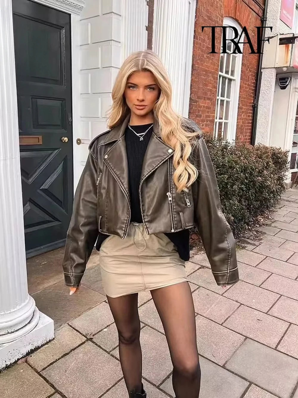 TRAF Damen Vintage lose Lederjacke Gürtel Schulter Abzeichen Zip Revers Jacke Handsome Washed Leder Motorrad Kleidung