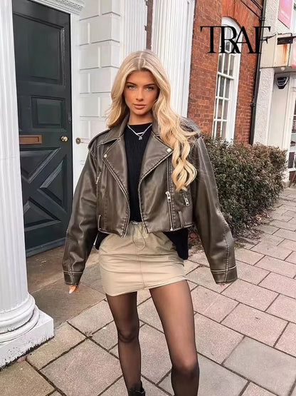 TRAF Damen Vintage lose Lederjacke Gürtel Schulter Abzeichen Zip Revers Jacke Handsome Washed Leder Motorrad Kleidung