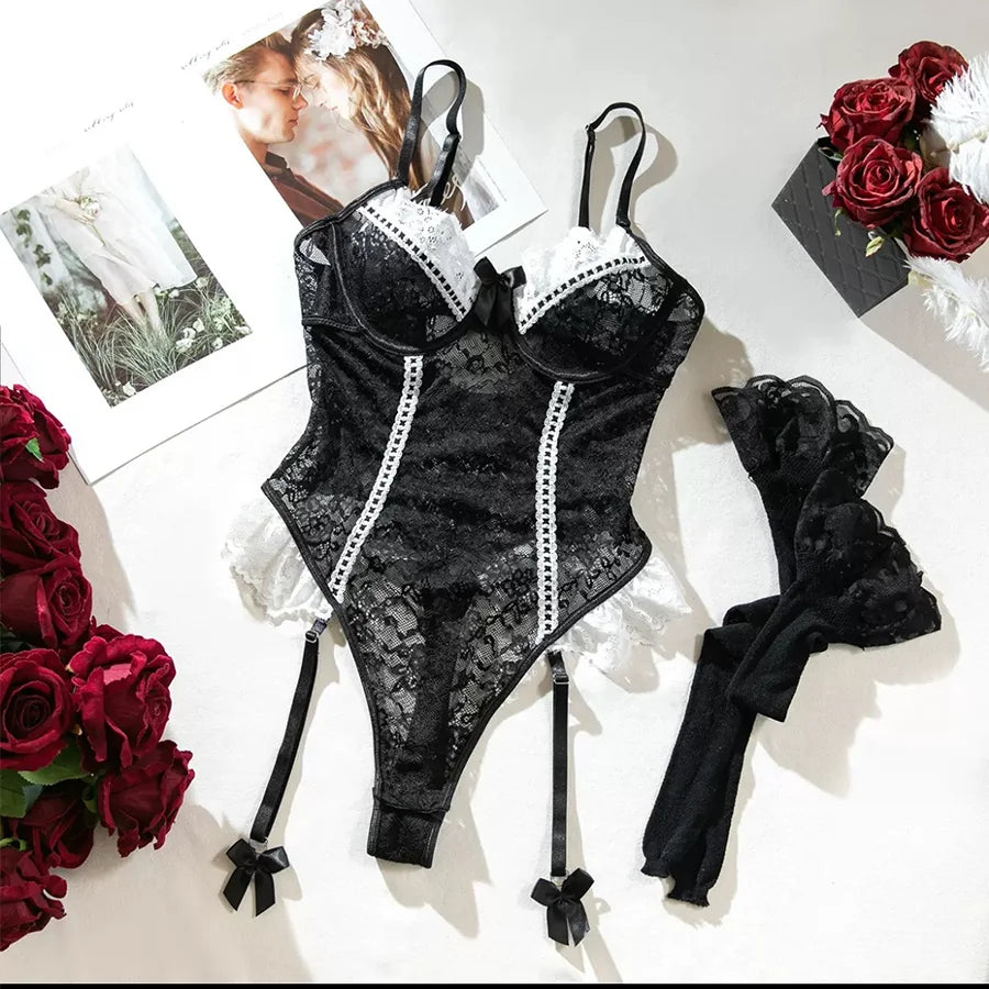 New Erotic Set See-Through Erotic Underwear For Women Lingeries Sexy Eyelash Lace Body Sexy Lingerie Set Sexy Bra And Garter Set.