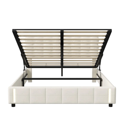 Rosahqnda Polsterbett 160 x 200 cm, Doppelbett mit LED, hydraulisches Stauraumbett, geeignet für Schlafzimmer, Mädchen, Erwachsene, Beige, Samt