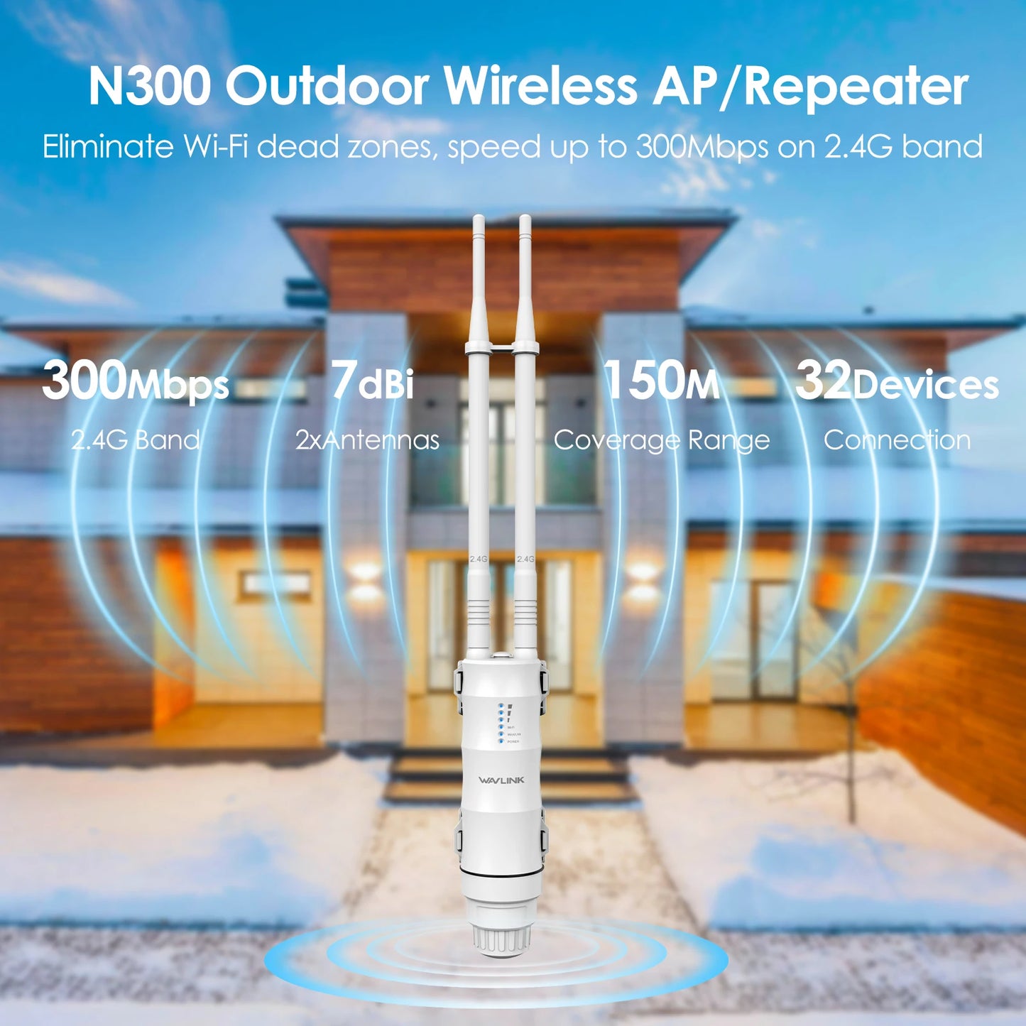 WAVLINK AC300/600/1200 Wireless Outdoor WIFI Router High Power Extender POE Waterproof AP/Repeater 7/8 dBi Directional Antennas.