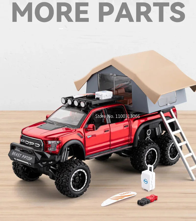 1/24 Scale Raptor F150 Alloy Cars Models Toys 6 Doors Opened Camping RV Diecast Model Light Sound Vehicle for Boys Birthday Gift.
