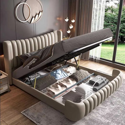 Hohes Kopfteil, Doppelbettgestell, schlichtes Holz, elegantes Queen-Size-Bett, Einzelbettgestell, Nachttische, Aufbewahrung, Cama Moderno Lujo-Möbel