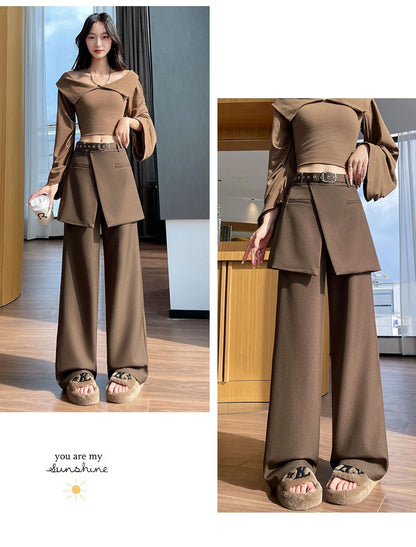 Design Style Fake Two-piece Curtain Suit Pants Women Fall High Waisted Wide Leg Trouser Office Ladies High Quality Straight Pant.