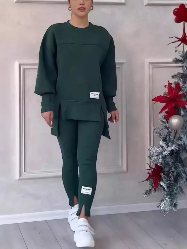 Women's Casual Sweatshirt Sports Set Autumn Winter Fashion Solid Loose Irregular Sweatshirt Top And Slim Trouser Two Piece Sets.