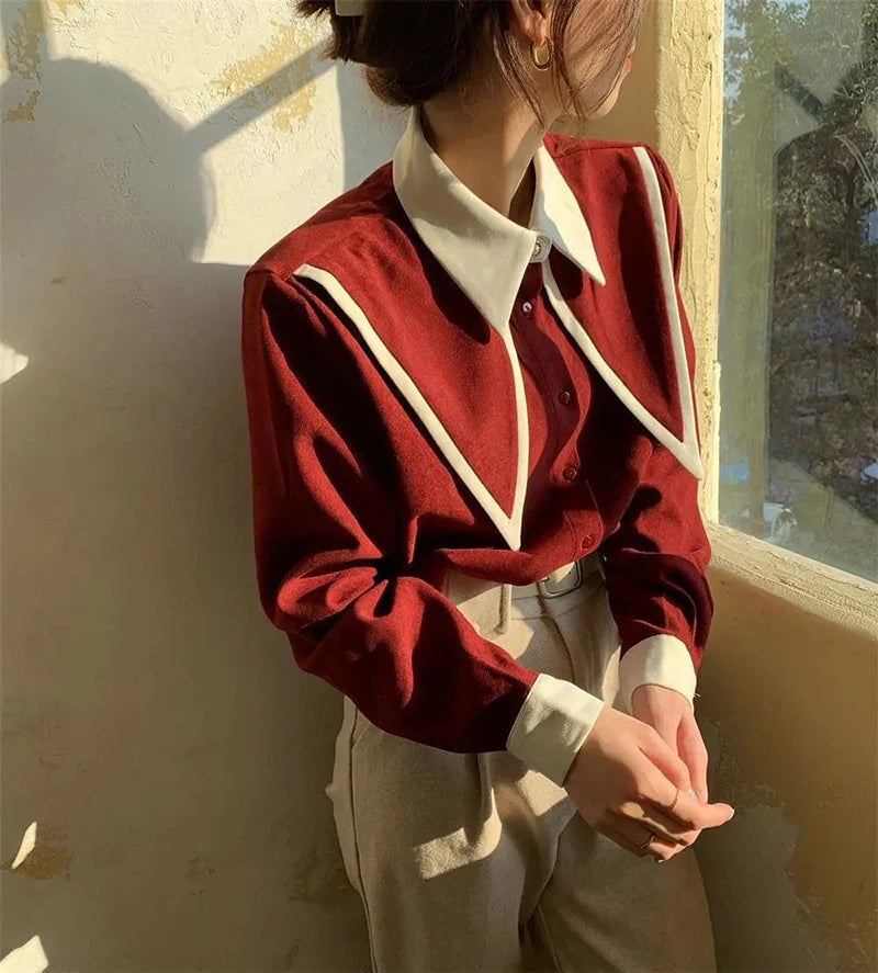 MEXZT Vintage Chiffon Shirts Women Elegant Patchwork Long Sleeve Blouses Office Lady Korean Black Turn Down Collar Casual Tops.