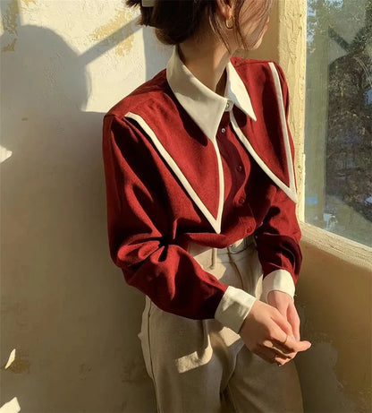 MEXZT Vintage Chiffon Shirts Women Elegant Patchwork Long Sleeve Blouses Office Lady Korean Black Turn Down Collar Casual Tops.