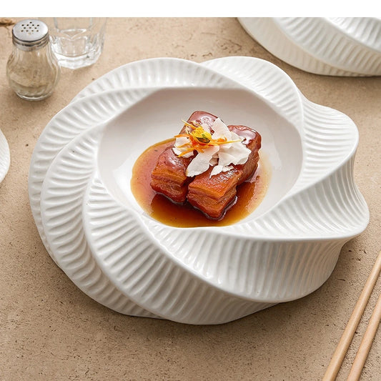 White Ceramic Dining Plate Dinner Steak Hotel Restaurant Main Course Dessert Home Kitchen Tableware.