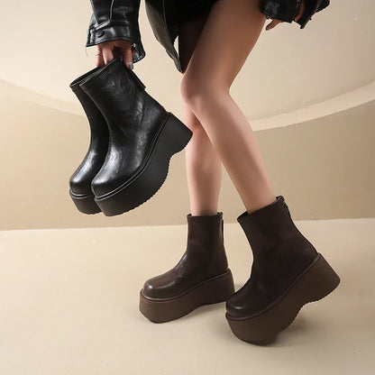 Autumn Winter Chunky Heel Women Short Boots Vintage Round Toe Platform Shoes Ladies Short Plush Gothic Ankle Booties.