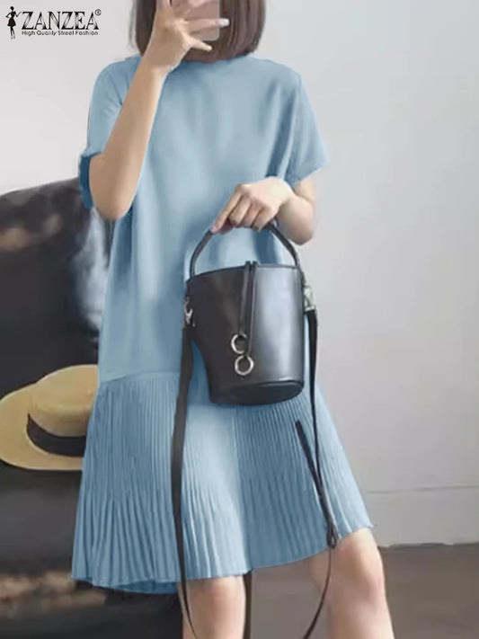 Zanzea lässig solide plissierte Kleid Frauen Sommer Kurzarm knielange Robe 2024 koreanische lose einfache Patchwork Vestido Overs ize