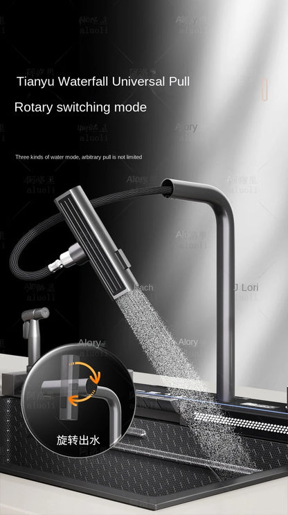 Kitchen 304 Stainless Steel Waterfall Sink, Large Single Slot, Digital Display Embossed Washing Basin Household Dishwashing Sink