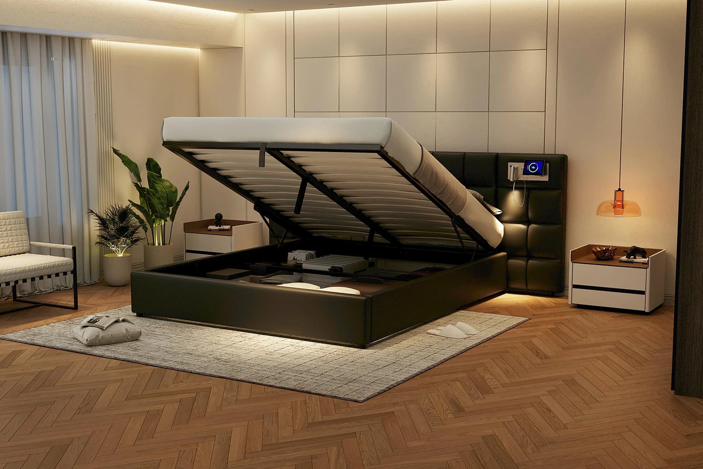 Polsterbett 180 x 200 cm, hydraulisches Bett, mit USB-Anschluss, kabelloses Laden und beleuchteter Lampe, mit Stauraum