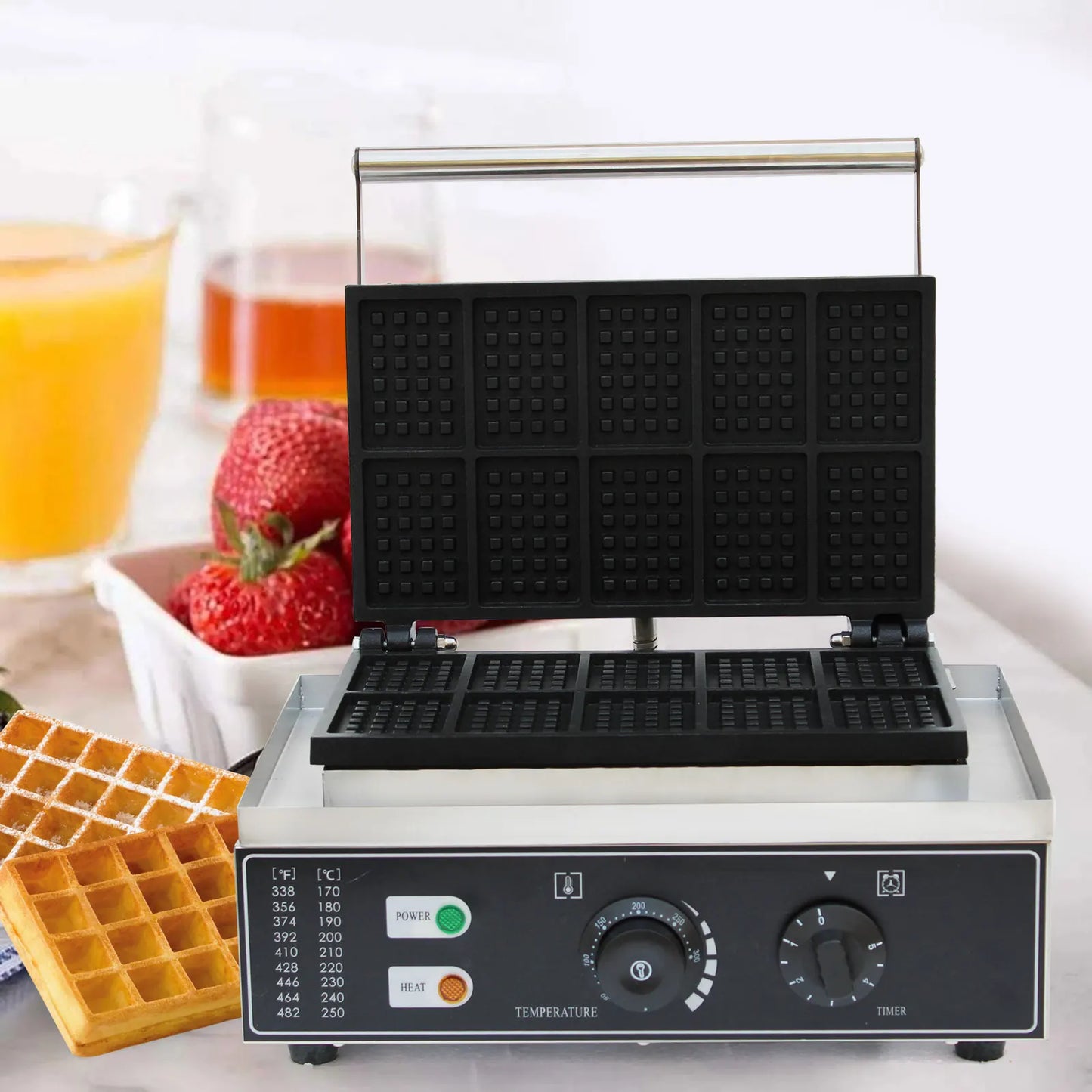 Sweetmile Stainless steel waffle iron Waffle maker 10 grid non-stick pan Commercial Waffle Maker Machine 1500W 50~300℃.