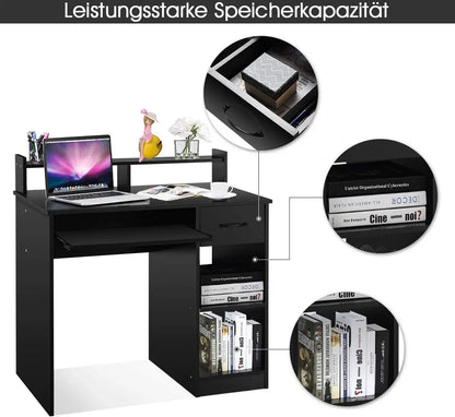 Schreibtisch mit Schublade, Tastaturschublade, Regal und offenen Fächern, platzsparender Computertisch, PC-Tisch, Bürotisch, 90 x 48 x 91,5 cm