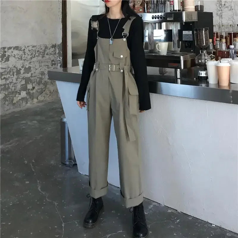 Jumpsuits Women Design Loose Fashion Vintage Students Spring Korean Style Straight Leisure Belt Simple Solid Elegant Tender Cozy.