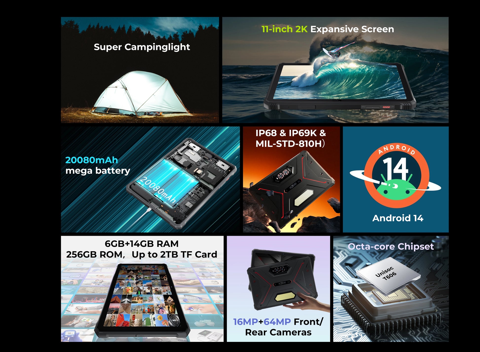 HOTWAV R9 Pro Rugged Tablet Android 14 11" FHD+ 20080mAh Pad 64MP Rear Camera 6GB 256GB Tablet PC With Super Camping light.