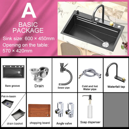 Waterfall Sink Kitchen Stainless Steel Topmount Sink Embossed Large Single Slot Wash Basin With Multifunction Tank Low Price