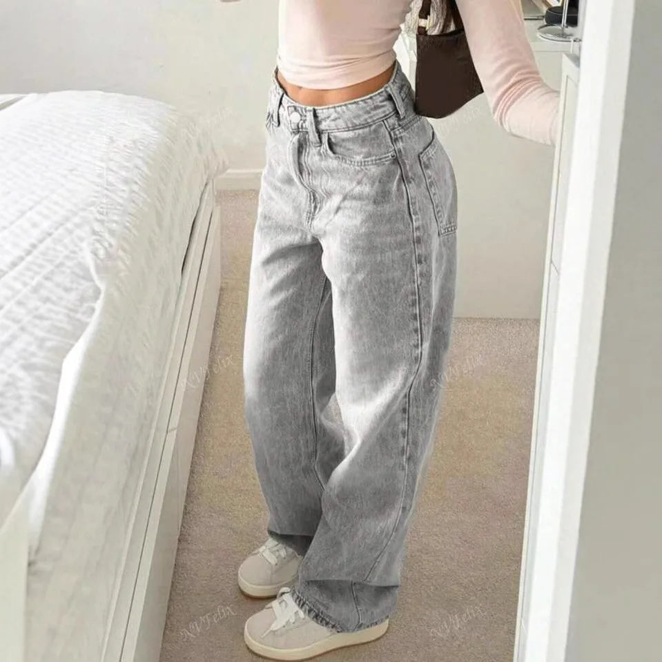 Jeans Women Straight Pants Denims Washed High Waist Distressed Pockets Female 2025 Streetwear Vintage Full Length Trousers.