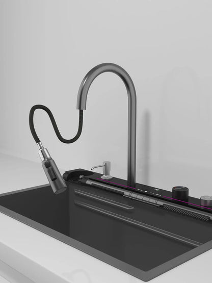 Stainless Steel Kitchen Waterfall Sink Embossed Digital Display Large Single Slot All-in-one Faucet Multi-functional Wash Bain