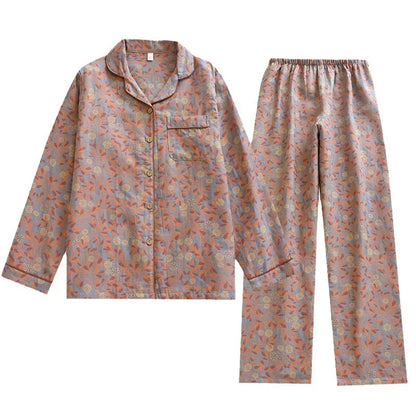 100% Cotton Crepe Homeclothes 2023 Autumn/Winter Women's Pajamas Suit Long-Sleeved Trousers 2-piece Yarn-Dyed Jacquard Pajamas