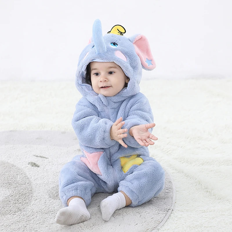 Kigurumis Schöne Elefanten Neugeborenen Baby Kleidung Body Winter Flanell Jungen Mädchen Strampler Warme Cosplay Kostüm Outfit Mit Kapuze.