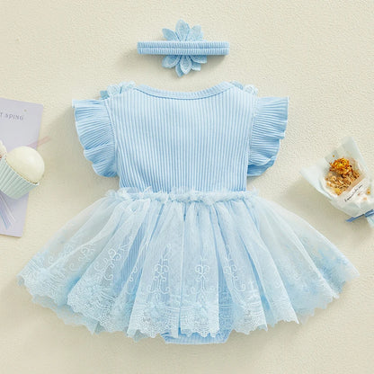 Visgogo Neugeborenen Baby Stram pler Kleid 2 Stück Outfits Mesh Spitze Patchwork Rüschen Bodysuit und Stirnband süße Sommerkleid ung