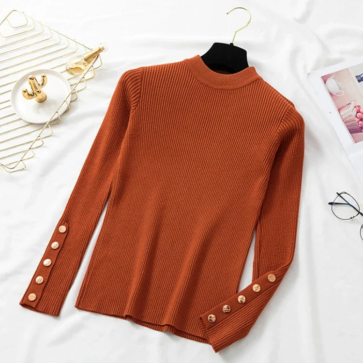 2025 Female Slim Knitted Soft Jumper Tops Autumn Winter Women Casual Sweater Pullovers Button Long Sleeve O-neck Chic Sweater