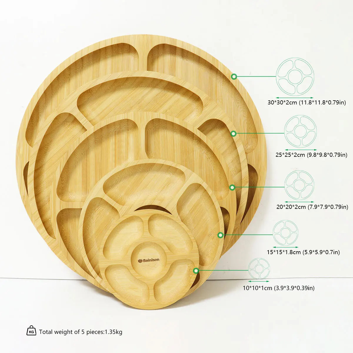 Bainison Bamboo Tray With Compartments-Snack Sorting Platter, Party Candy Buffet Display,Household Kitchen Outdoor Bamboo Tray.